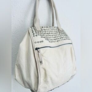 Free people white leather canvas metal embellished oversized shoulder bucket bag